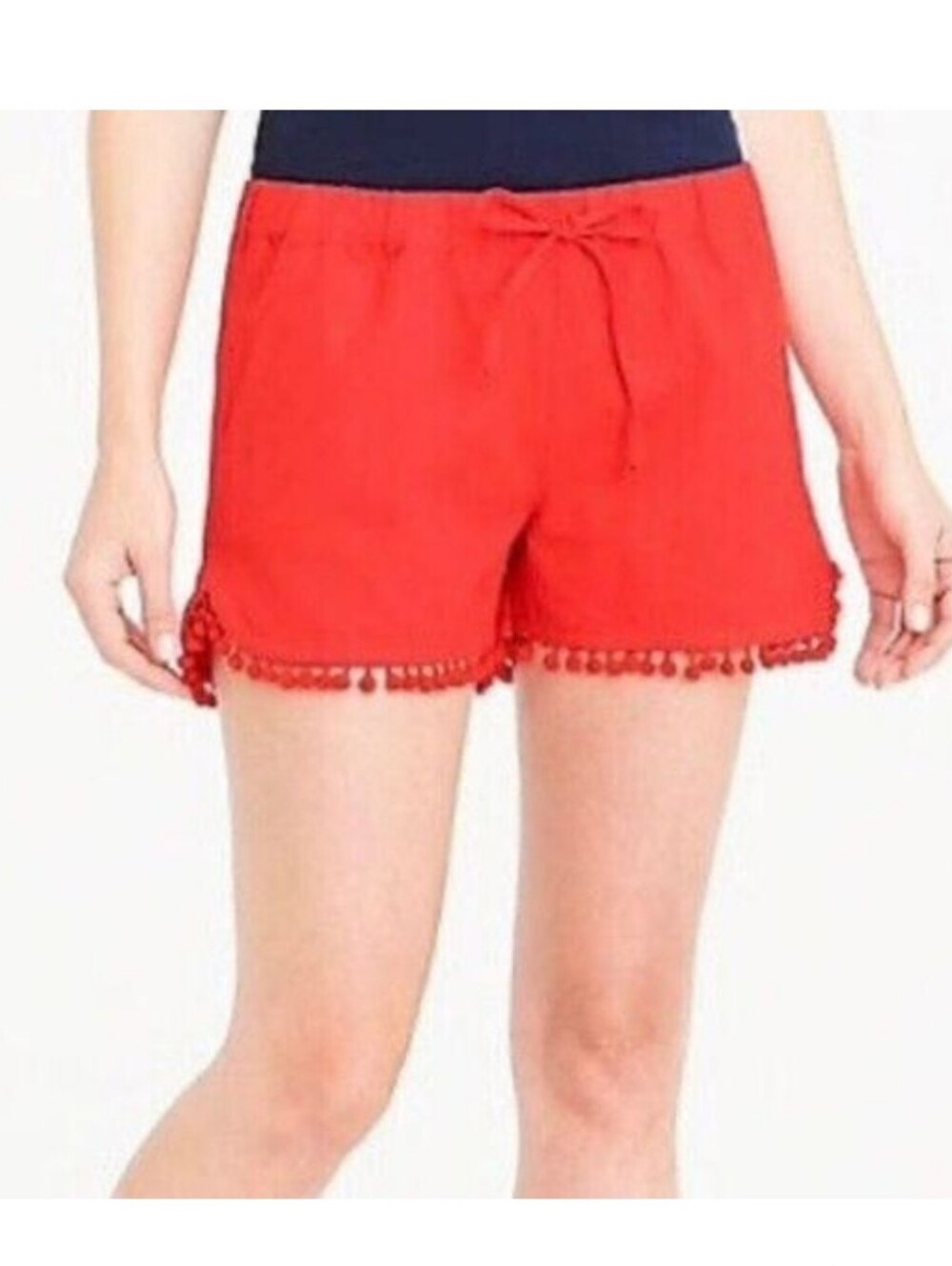 J. Crew Red Pom-Pom Tie-Waist High Waist Shorts Linen Blend Y2K Cottagecore Coas
